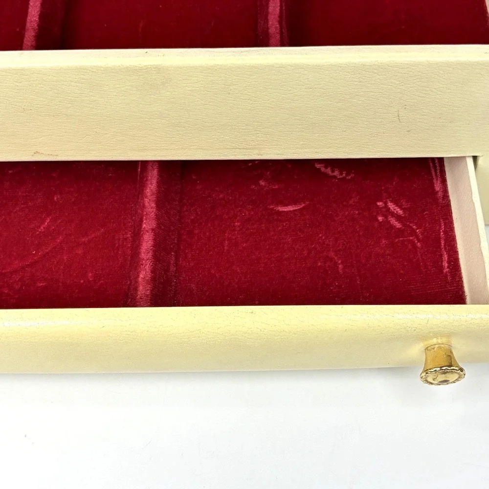 Vintage Jewelry Box Ivory Gold 3 Tier w/ Drawer Red Velvet Satin Lining 12x8